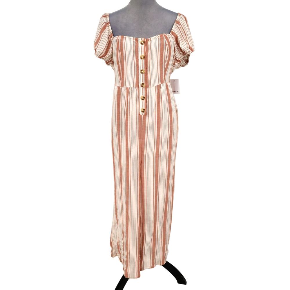 Oneill Jumpsuit Womens Large Beige Rust Stripe Gauze Square Neck Buttons New